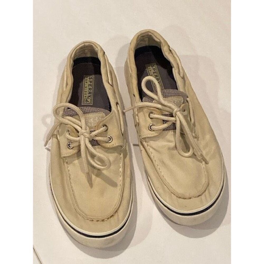 Sperry Men’s Canvas Lace Up Sneakers Low Top Size 10.5 Cream, Off-White Color